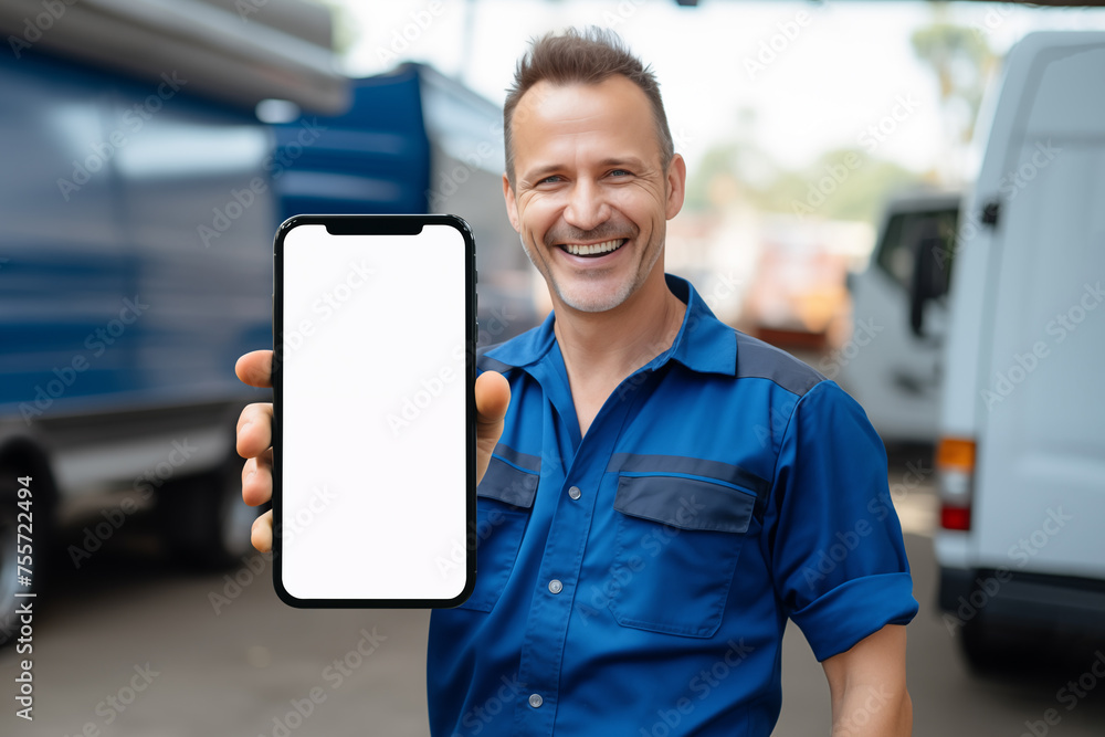 Mechanic man holding blank screen smartphone mockup at car workshop Mechanic man holding blank screen smartphone mockup at car workshop