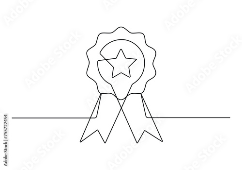 Continuous one line drawing of the best quality award badge with gold star winning medal vector illustration. Premium vector