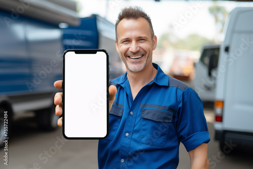 Mechanic man holding blank screen smartphone mockup at car workshop