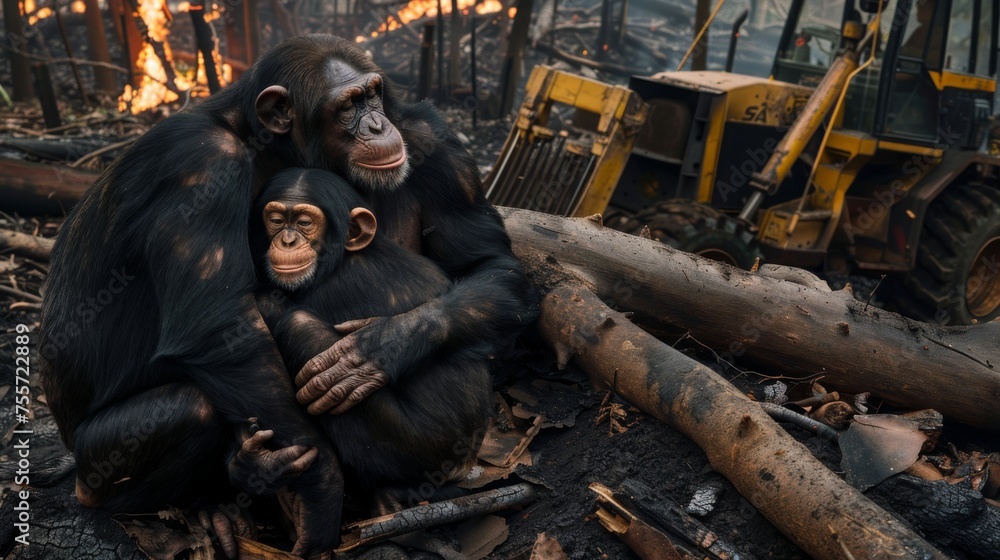custom made wallpaper toronto digitalA family of chimpanzees hugged each other in a fire-ravaged forest, they were sad. Their homes quickly disappear to bulldozers and flames, environmental disaster, deforestation, Save animal wild