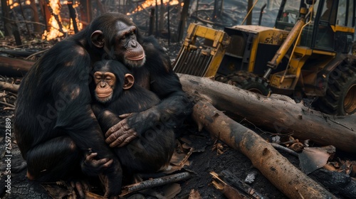 A family of chimpanzees hugged each other in a fire-ravaged forest, they were sad. Their homes quickly disappear to bulldozers and flames, environmental disaster, deforestation, Save animal wild
