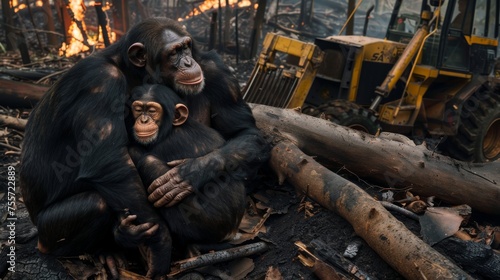 Wallpaper Mural A family of chimpanzees hugged each other in a fire-ravaged forest, they were sad. Their homes quickly disappear to bulldozers and flames, environmental disaster, deforestation, Save animal wild Torontodigital.ca