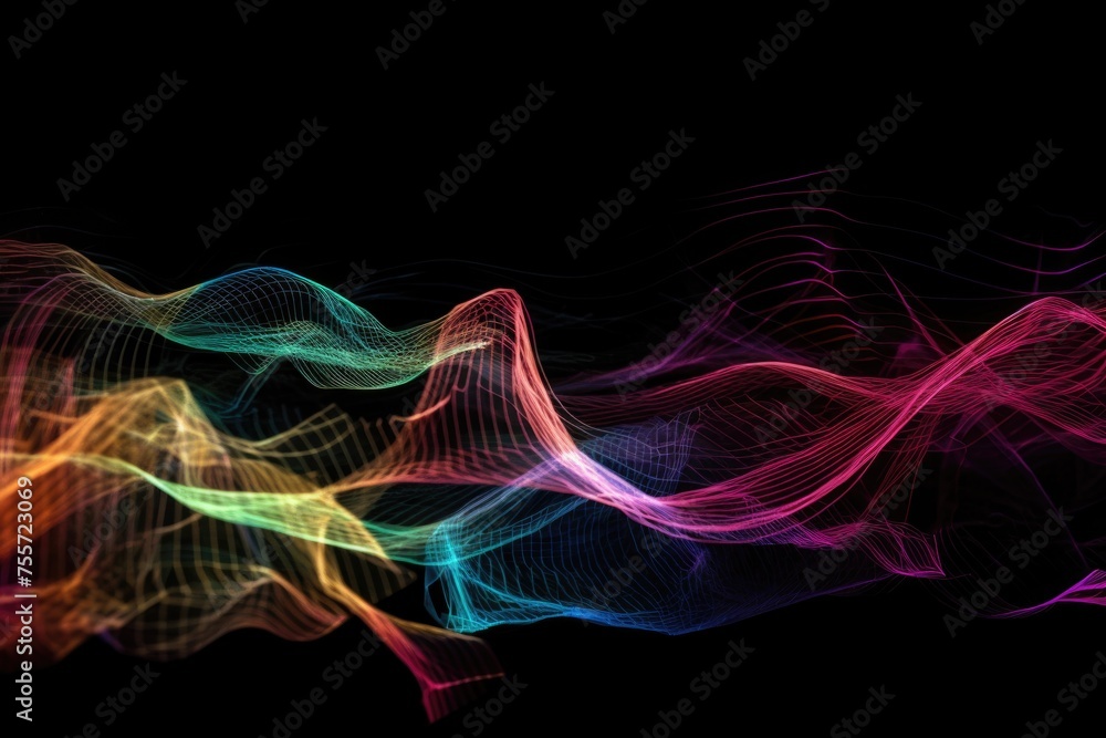 An abstract composition with energy and rhythm of music through a series of dynamic lines and shapes. Movement and vibrations created by musical soundwaves. World music day. Generative AI.