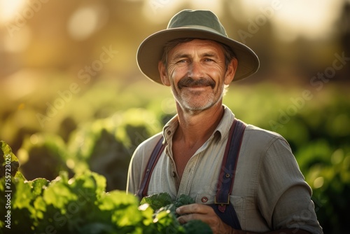 A middle age man farmer looking at camera with harvesting organic field in the background.