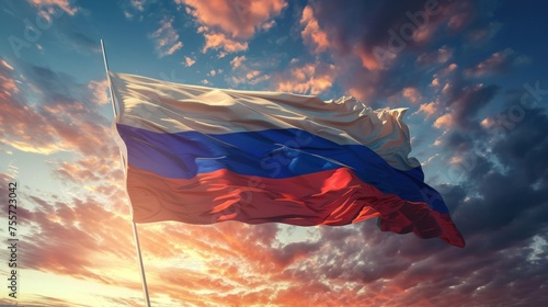 Waving Russian flag against a blue sky with clouds and empty space for text. Room for text. National flag of the Russian Federation. photo