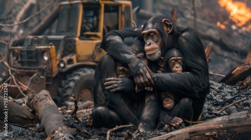 A family of chimpanzees hugged each other in a fire-ravaged forest, they were sad. Their homes quickly disappear to bulldozers and flames, environmental disaster, deforestation, Save animal wild photo