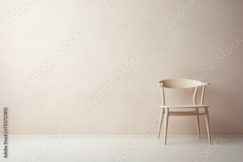 Beige Scandinavian chair and white frame against a soft wall backdrop. © usman