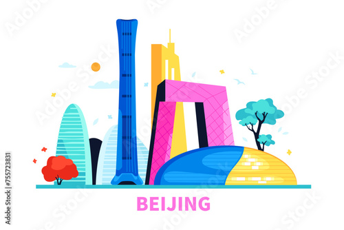 City architecture of Beijing - modern colored vector illustration with National Centre for the Performing Arts, CCTV Headquarters, skyscrapers Wangjing SOHO, Shanghai tower. Urban tourism idea