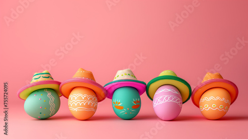 Colorful Easter eggs with hats on a pink background