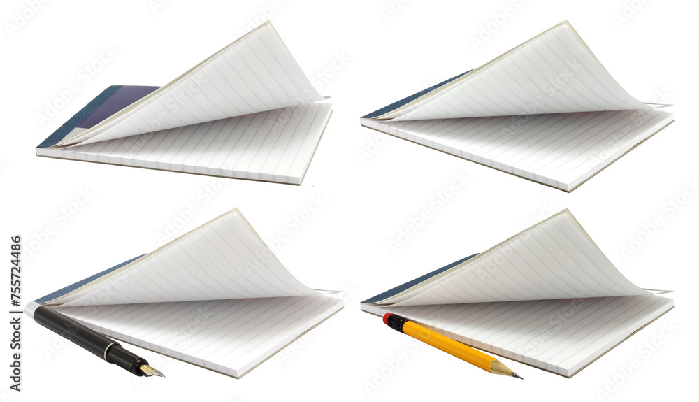 Set of Open Notepads with a pen and pencil, isolated on transparent background - obrazy, fototapety, plakaty 