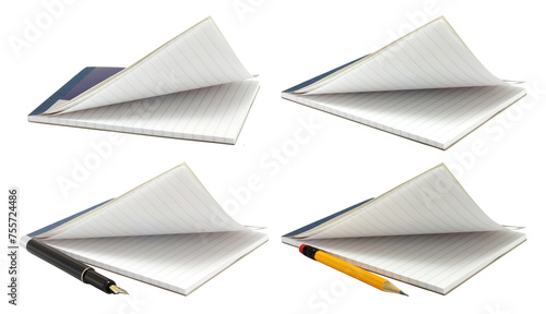 Set of Open Notepads with a pen and pencil, isolated on transparent background