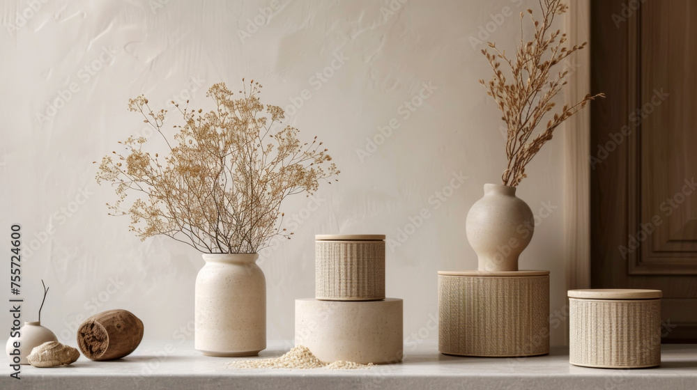 Group of blank, unbranded cosmetic containers, and vases from natural materials. Skin care product presentation. Elegant mockup. Quiet luxury. 3D Illustration Group of blank, unbranded cosmetic containers, and vases from natural materials. Skin care product presentation. Elegant mockup. Quiet luxury. 3D Illustration