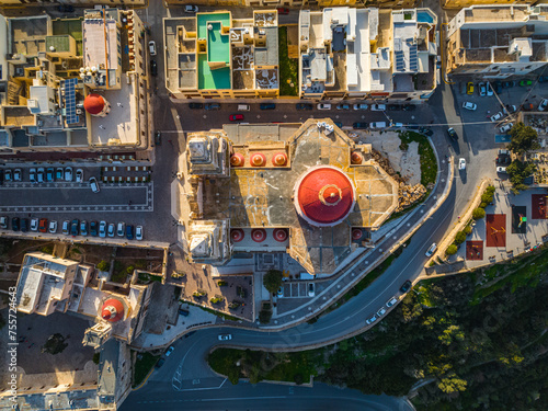 Drone top view of The Parish Church in Mellieha. Malta island