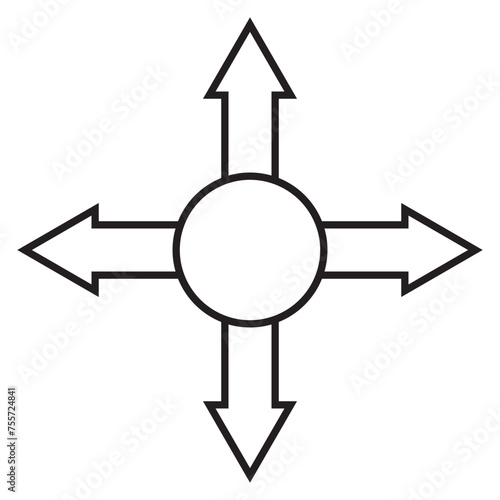 Four direction arrows icon, vector with stroke line. Rounded bullet point circle, four arrow. A four-way black marker direction symbol. Vector Arrow Bullet Point icon