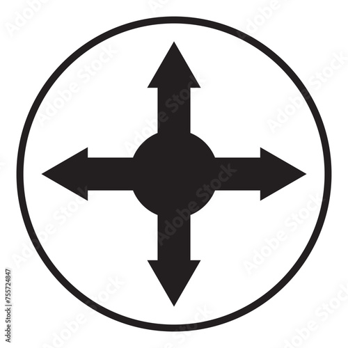 Four direction arrows icon,  vector. Rounded bullet point circle, four arrow. A four-way black marker direction symbol. Vector Arrow Bullet Point icon