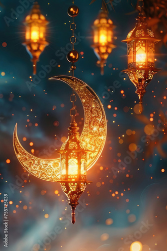 Eid ul fitr, Ramadan Kareem,Eid al Adha, Eid Mubarak.Muslim symbolism with islamic lantern and crescent.Holiday card