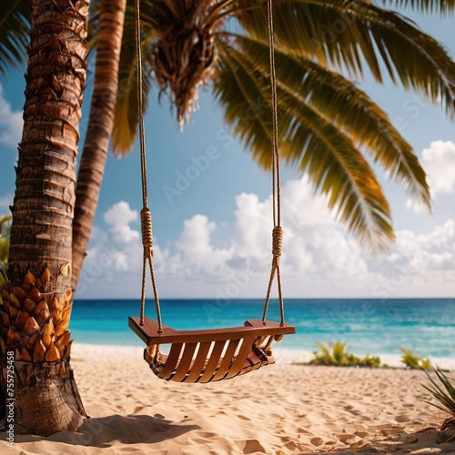 Relaxing tree swing on tropical beach with ocean in the background