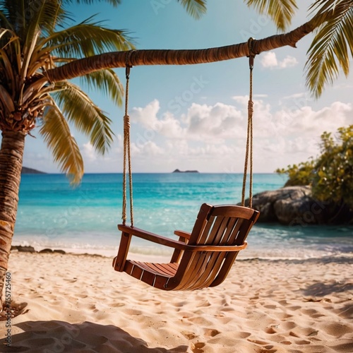 Relaxing tree swing on tropical beach with ocean in the background