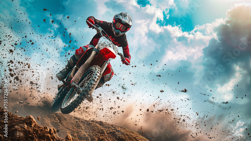 Intense scene of a motocross rider drifting on a dirt track, kicking up dust against a dramatic sky..