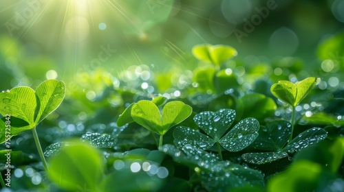  Fresh green clover leaves sparkling with dew in the sunlight