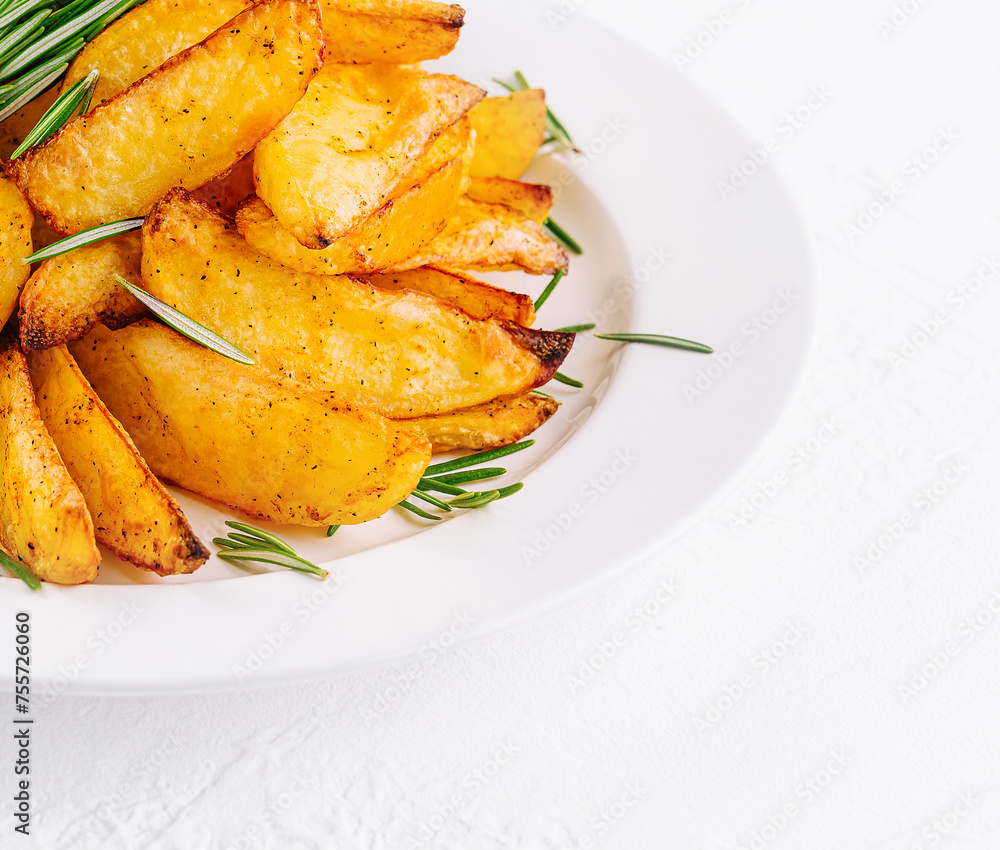 Baked potato wedges with rosemary on plate Baked potato wedges with rosemary on plate