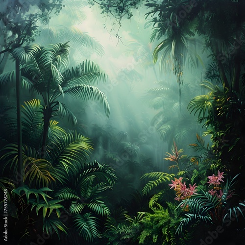 Rainforest Background: Dense foliage, exotic wildlife, and mist-shrouded canopies create a lush and vibrant rainforest backdrop.