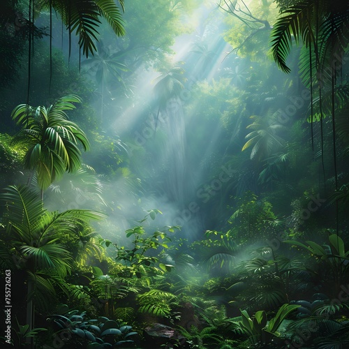 Rainforest Background: Dense foliage, exotic wildlife, and mist-shrouded canopies create a lush and vibrant rainforest backdrop.