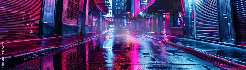Neon-lit street in the rain at night with reflections on wet pavement