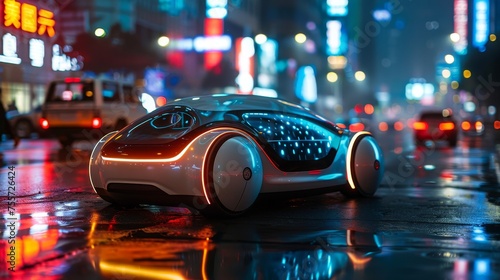 Futuristic self driving car city at night 