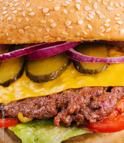 Fresh tasty burger close up photo