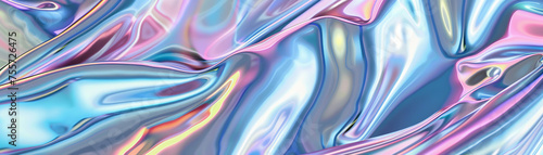 Abstract holographic foil with flowing, liquid-like ripples in shades of blue and pink
