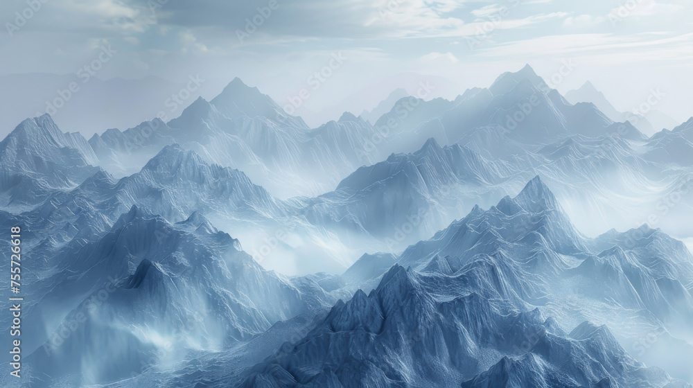 Majestic icy mountain range with mist