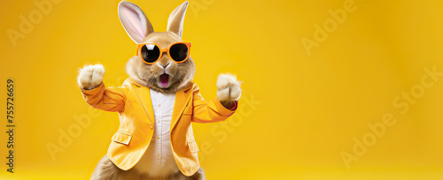 A happy easter day with comic cartoon happy hipster bunny rabbit photo