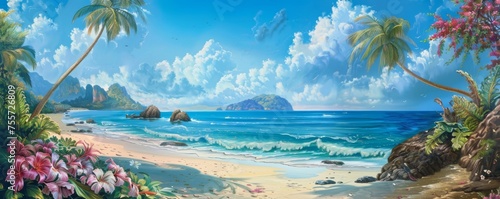 Panoramic view of a tropical beach with palm trees, blooming flowers, and distant mountains. © kitinut