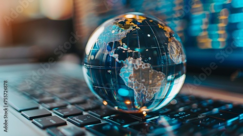 Glass globe placed on top of a laptop keyboard.