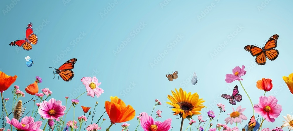 Blooming flower fields with buzzing bees and fluttering butterflies under the clear blue sky.
