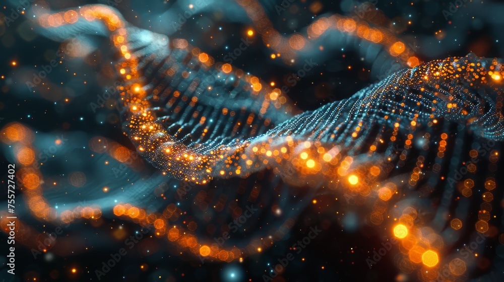 Glowing DNA strands spiraling through a digital Glowing DNA strands spiraling through a digital