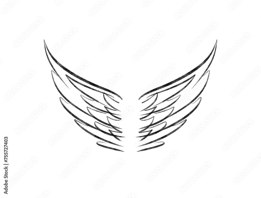 illustration of angel wings on white png background, sketch, drawn, isolated on white - transparent background clipart