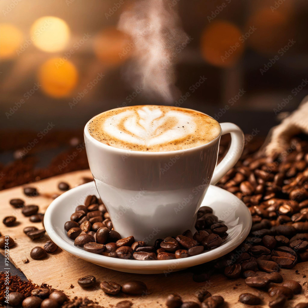 Warm coffee Cappuccino with coffee grounds all around Warm coffee Cappuccino with coffee grounds all around