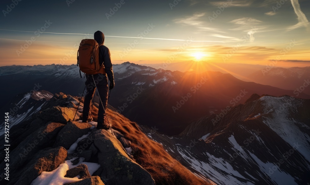 Fototapeta premium Backward glance at dawn: climber on mountain top. suitable for your climbing design