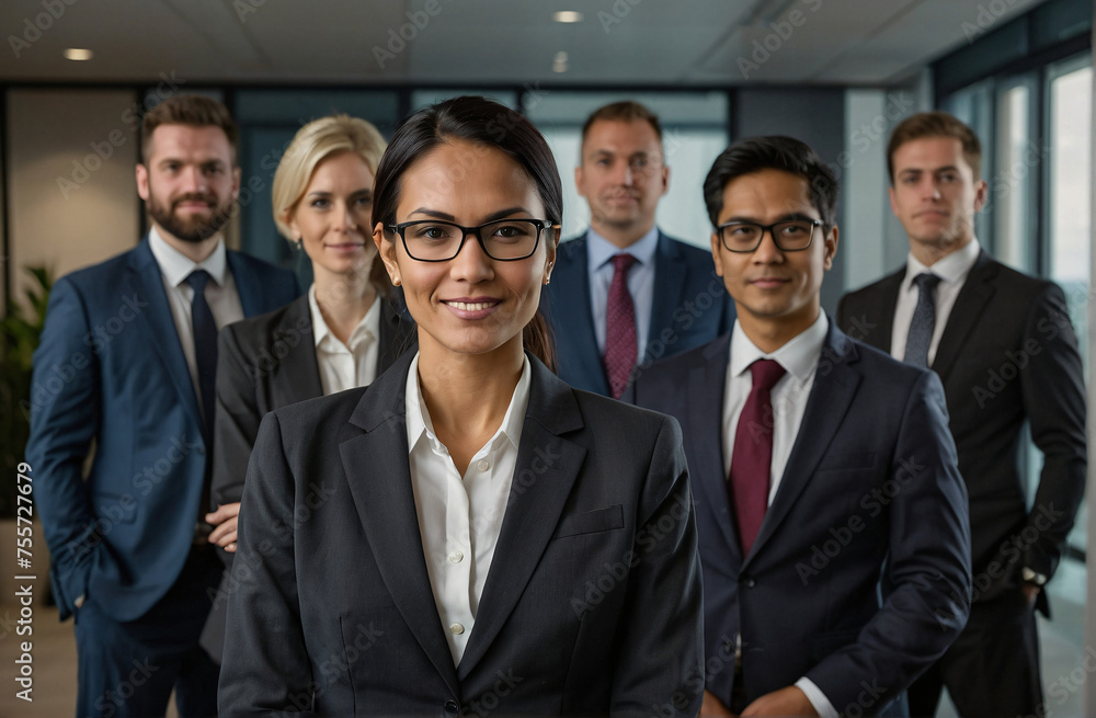 Portrait of business person in formal suit smiling confident and vision in modern interior office background Portrait of business person in formal suit smiling confident and vision in modern interior office background