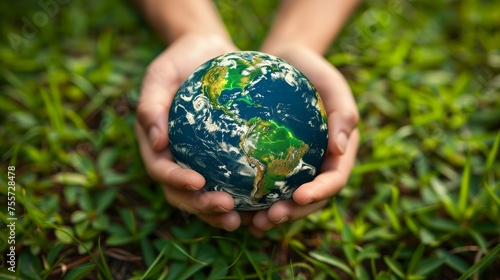 Hands holding Earth globe on a natural green background 