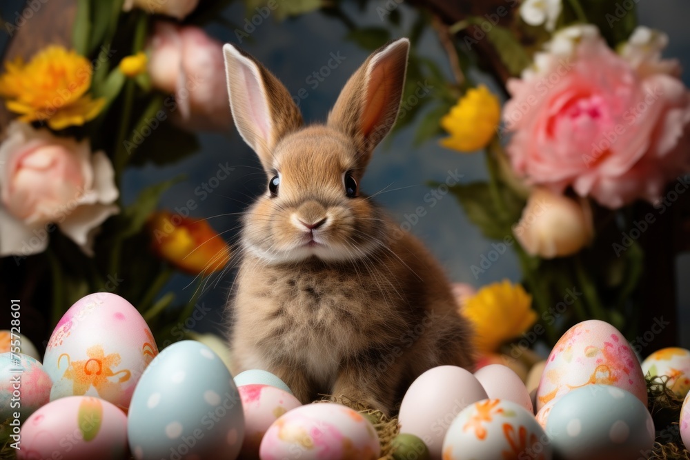 Happy Easter with bunny and decorated painted eggs against floral background. Close up. Happy Easter with bunny and decorated painted eggs against floral background. Close up.