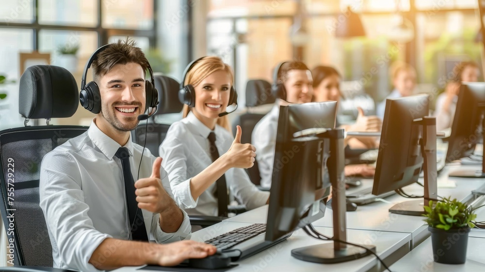 Enthusiastic male support staff giving thumbs up in bright call center with digital screens - obrazy, fototapety, plakaty 