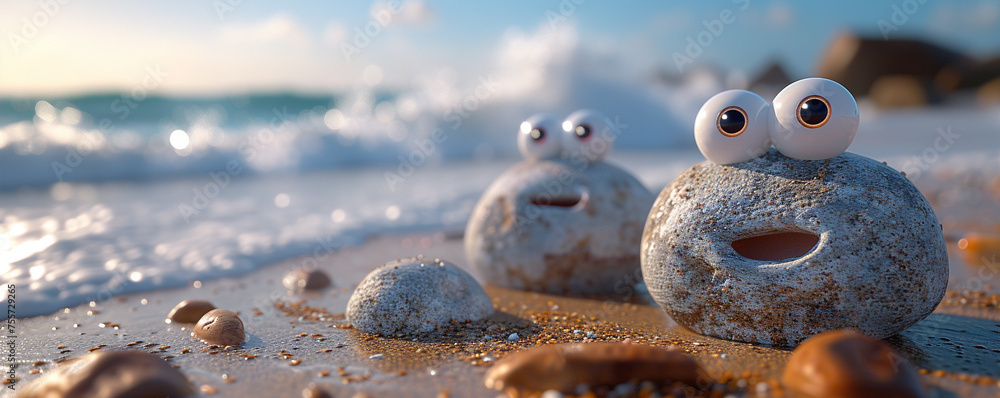 Quirky Rocks Quirky round tumbled beach rocks with googly eyes on a sandy coastal ...