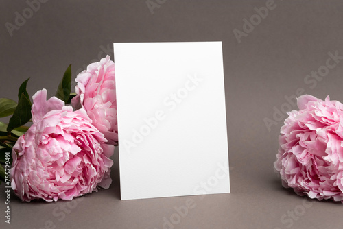 Wedding invitation or greeting card mockup with peony flowers, blank card mock up with copy space