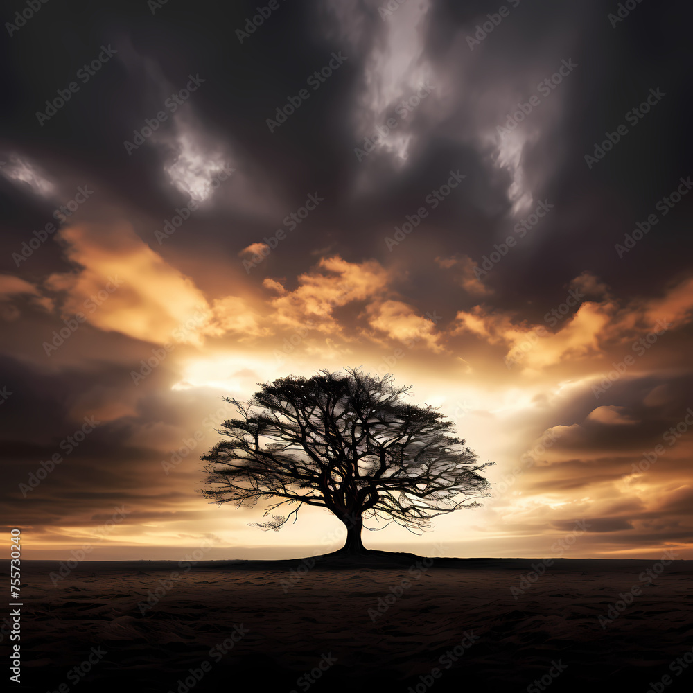 Silhouette of a lone tree against a dramatic sky.