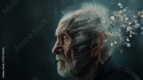 A siks old man suffering from Alzheimer's disease loses memory like puzzle pieces scatter from his consciousness. Problems of Alzheimer's patients, helplessness and loss of mind, mental turmoil	