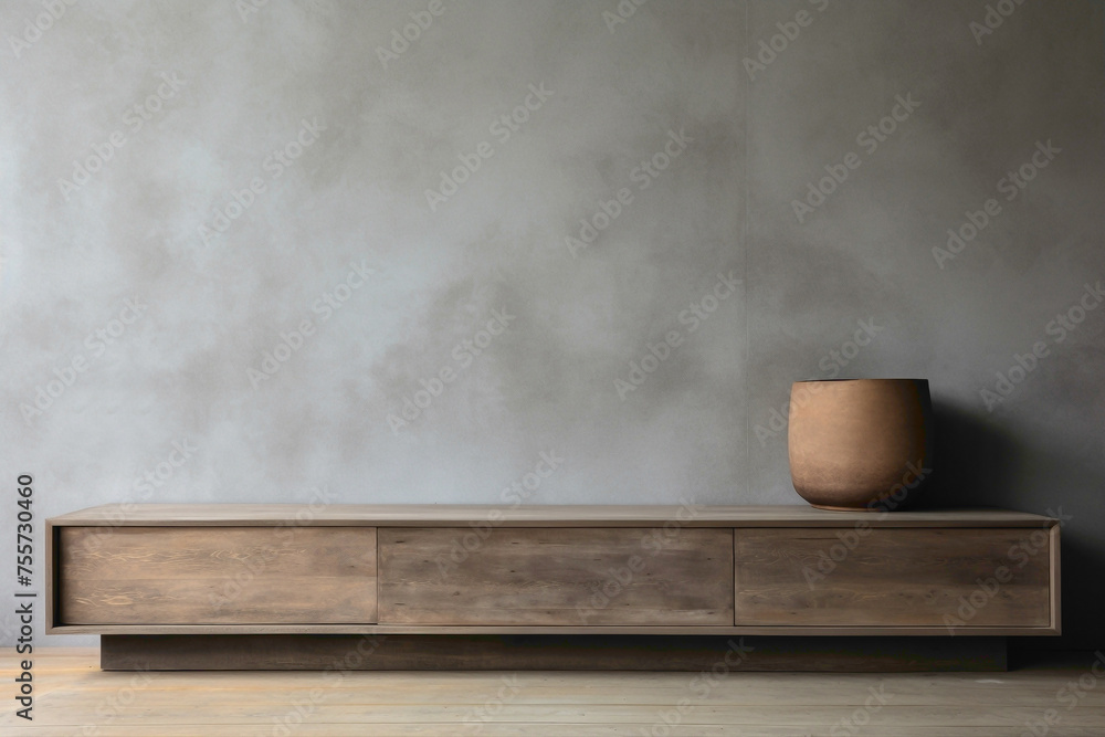 Clean wooden storage set against rough concrete, blank poster frame. Clean wooden storage set against rough concrete, blank poster frame.