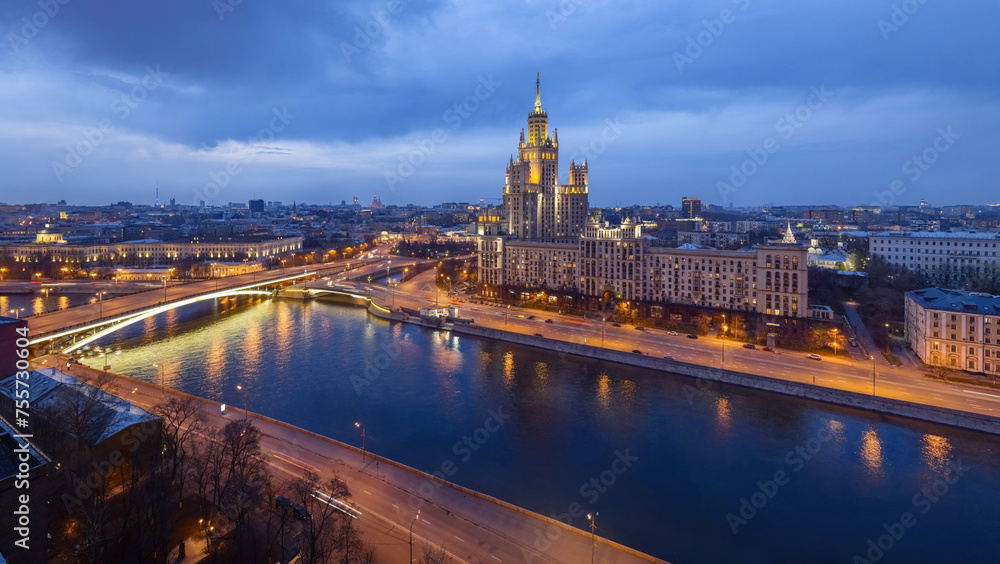 Naklejka premium High-rise building on Kotelnicheskaya embankment at evening in Moscow